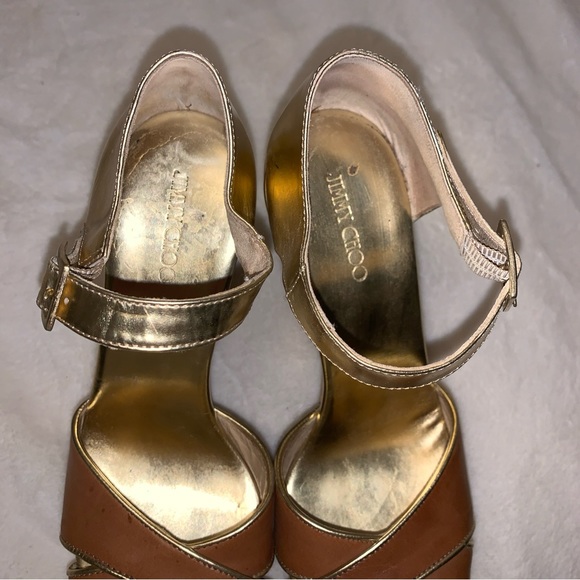 Jimmy Choo Wedge Size 39 1/2 Neutral Patent Leather Cork Platform Open Toe Wedge - Picture 5 of 14